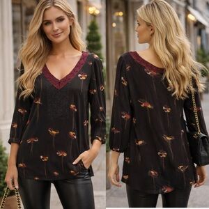 Anthropologie Rio Rao Stretchy V Neck Crochet Trim Lace Insert Top!